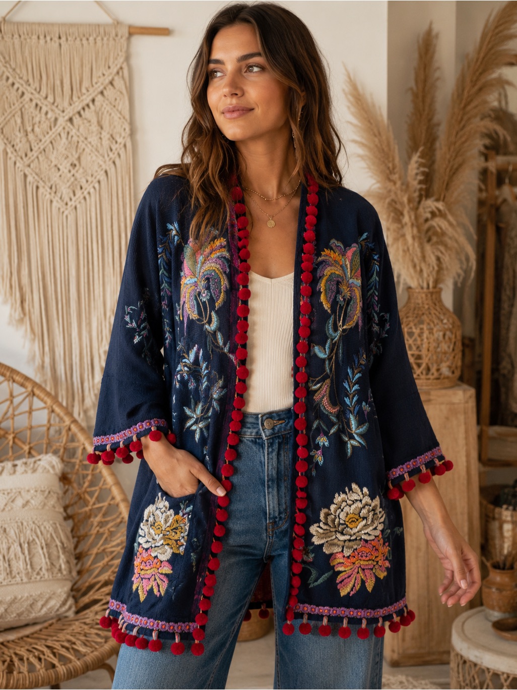 Johnny Was Navy Embroidered Kimono Cardigan With Red Pom Accents